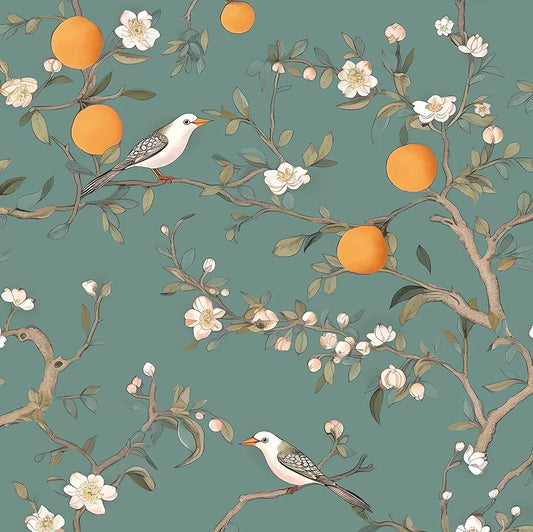 Green Floral Wallpaper Peel and Stick, Birds Contact Paper Orange Fruits,White Flowers Botanical Boho Wall Paper Self Adhesive Waterproof Removable for Room Shelves Cabinet Drawer Table 17.5" x 118"