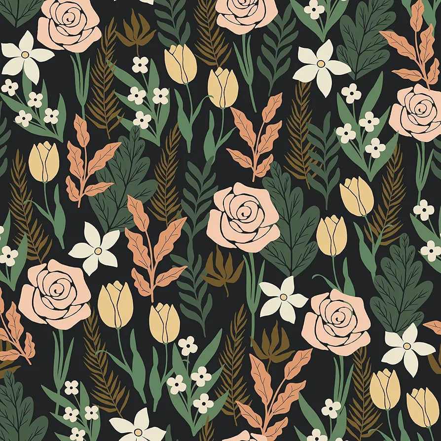 Boho Floral Wallpaper Peel and Stick, Rose Flowers Farmhouse Contact Paper, Black/Pink/Green Botanical Wall Paper Self Adhesive Waterproof Removable for Shelves Cabinet Drawer Table Decor 17.5" x 118"